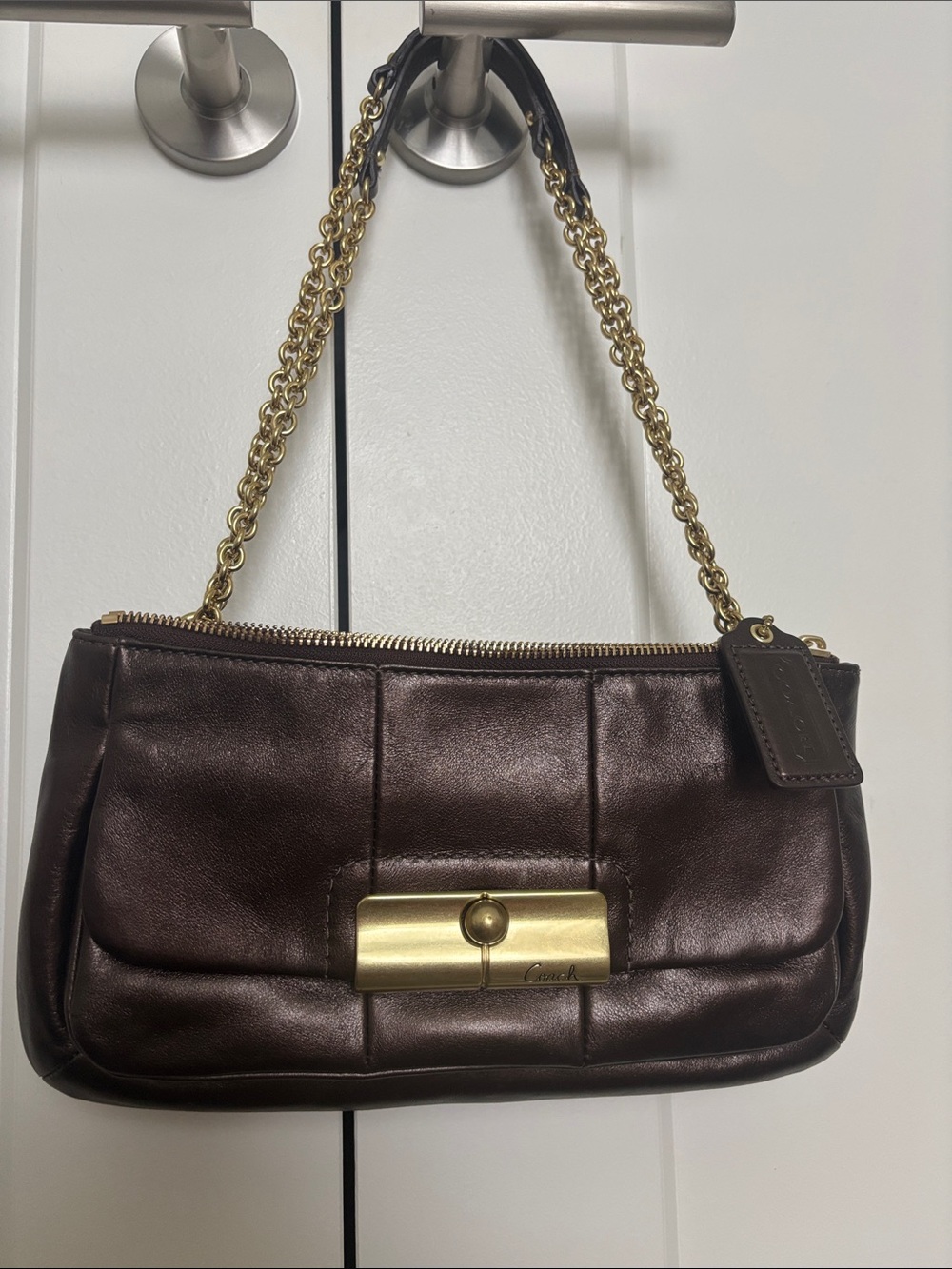 Coach Dark Brown Leather Shoulder Bag with Gold Hardware 16818